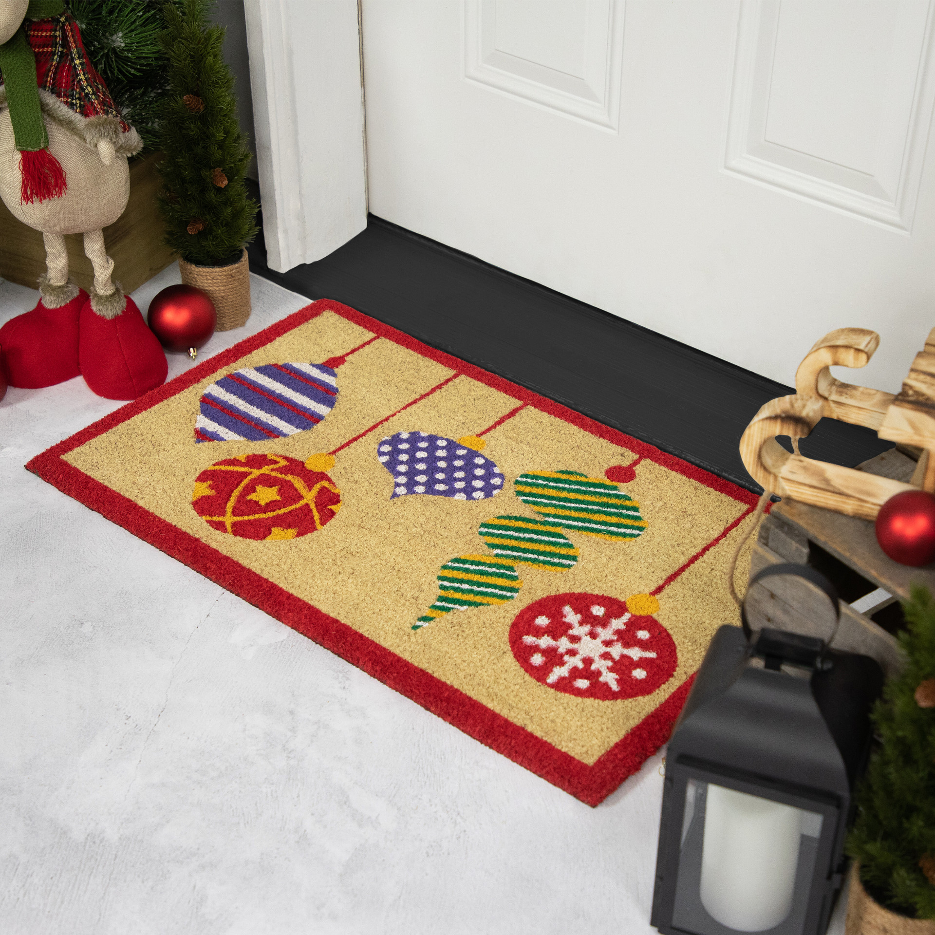 Brightly Colored Mixed Christmas Ornaments Doormat with Red Border 30